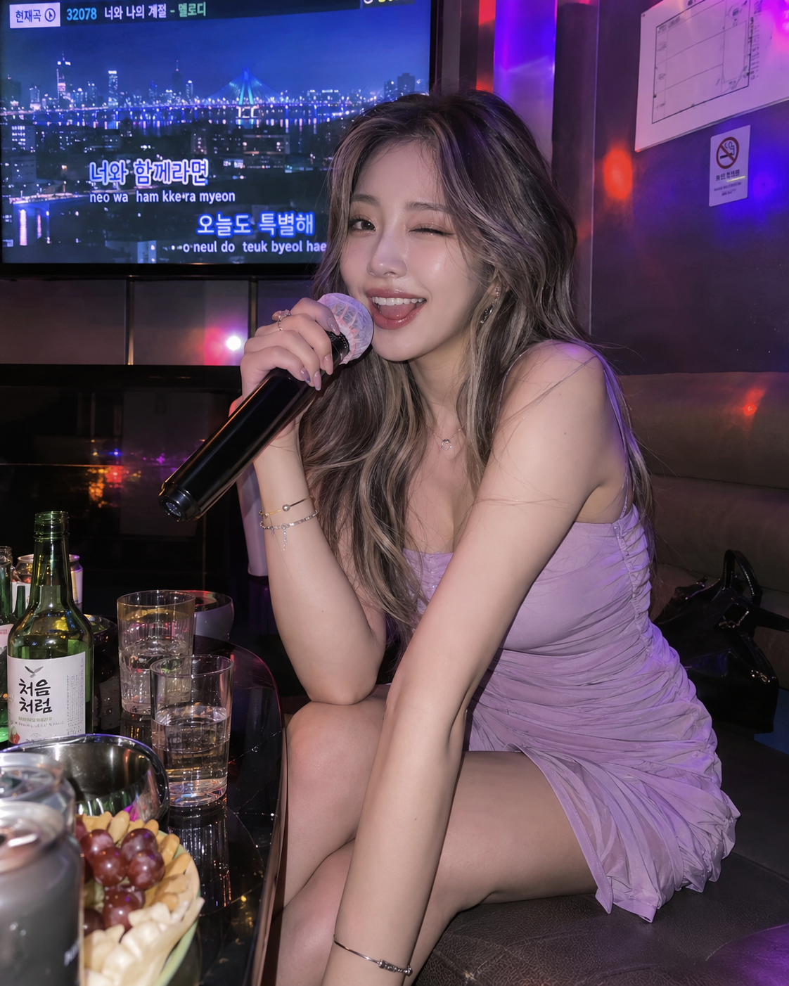 노래방 화면 앞에서 마이크를 든 인물 홍보 이미지